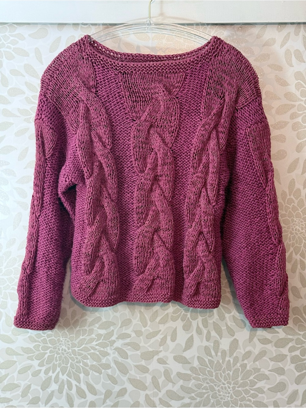 Vintage Nancy Bossio Women’s S Hand Knit Pink Metallic Cable Knit Sweater